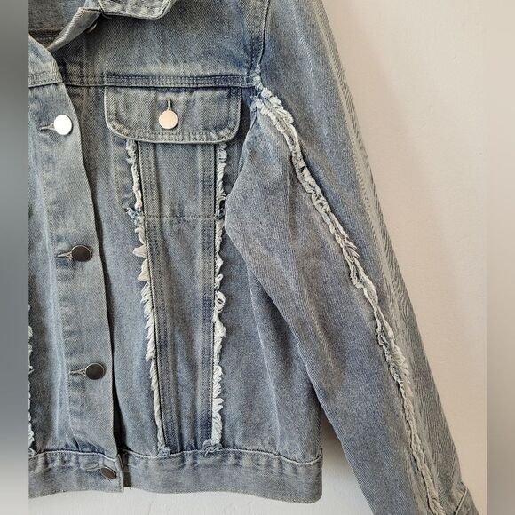 Denim Jean Jacket Trucker Fringe Retro American Western Grunge 90s 80s XL - Picture 5 of 8